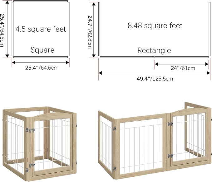 Folding No-Assembly Pet Gate 96" Wide, 30" Tall Wooden Dog Gate with Door Walk Through, Freestanding Wire Pet Gate, Pet Puppy Safety Fence, with 2PCS Support - Natural White