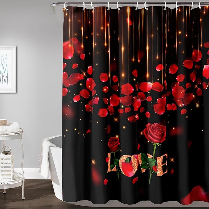 AILONEN Red Rose Flower Shower Curtain,Red and Black Shower Curtain,Romantic Flower Couple Lover Bath Curtain,Rose Themed Bathroom Decor,Waterproof 72" W x 78" H