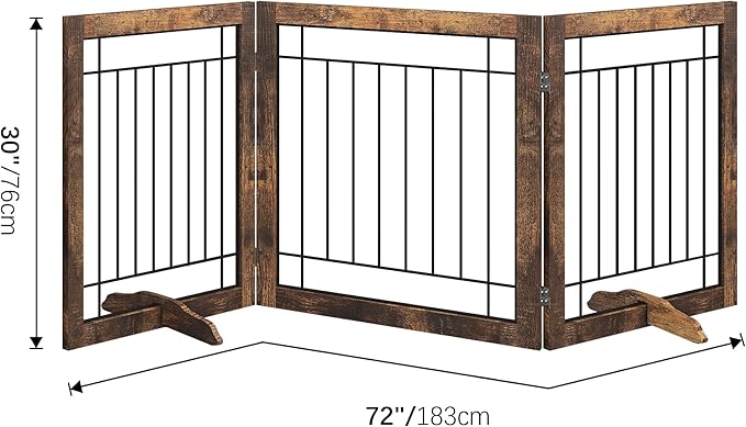Folding No-Assembly Pet Gate 72" Wide, 30" Tall Wooden Dog Gate, Freestanding Wire Pet Gate, Pet Puppy Safety Fence, with 2PCS Support - Rustic Brown