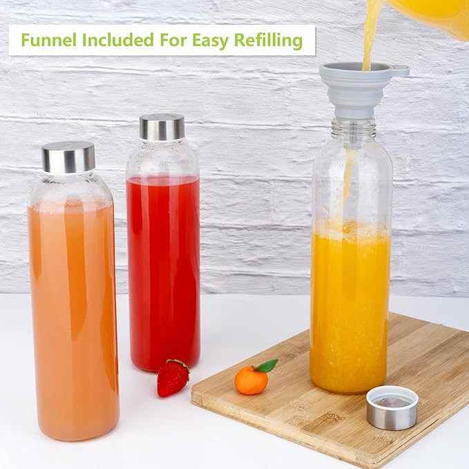 Glass Juice Bottles with Lids for Juicing 24 oz, Reusable Clear Glass Water Bottles with Stainless Steel Airtight Cap for Refrigerator, 100% Leak Proof, BPA Free, ECO Friendly, Set of 3