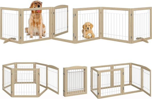 Folding No-Assembly Pet Gate 144" Wide, 30" Tall Wooden Dog Gate with Door Walk Through, Freestanding Wire Pet Gate, Pet Puppy Safety Fence, with 2PCS Support - Natural White