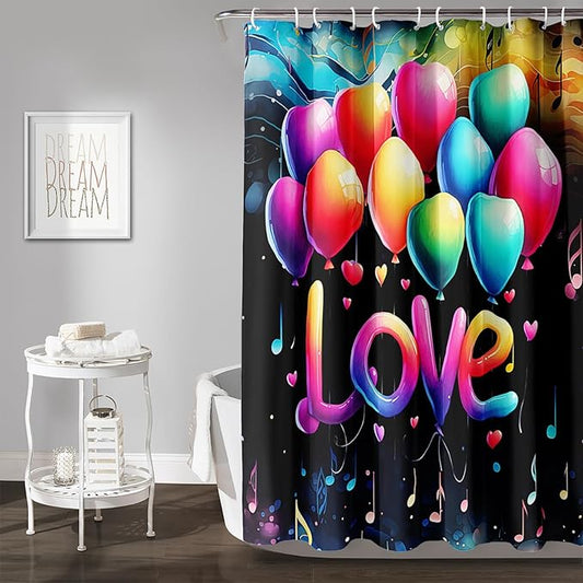 AILONEN Love Theme Shower Curtain for Bathroom, Romantic Rainbow Balloon Tie Dye Bath Curtain for Kids Girls Women,Abstract Music Black Shower Curtain Waterproof with 12 Plastic Hooks, 36" W*72" H