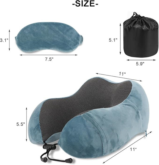 Pure Memory Foam Travel Pillow Set for Adults - Comfortable & Breathable Removable Cover, Airplane Travel Kit with Eye Mask & Portable Storage Bags for Plane Accessories - Blue