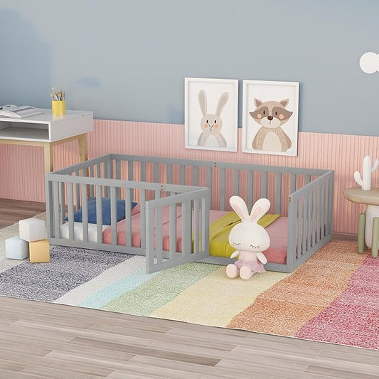 Twin Size Floor Bedframe with Door and Safety Guardrails Fence, Solid Wooden Toddler Montessori Platform Bed for Children Bedroom, Boys Girls, Kids Playroom