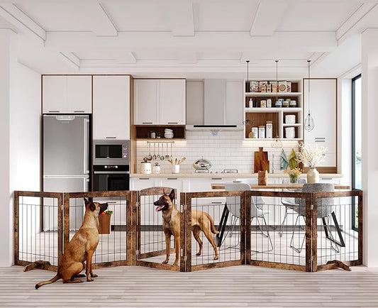 Folding No-Assembly Pet Gate 144" Wide, 30" Tall Wooden Dog Gate with Door Walk Through, Freestanding Wire Pet Gate, Pet Puppy Safety Fence, with 2PCS Support - Rustic Brown