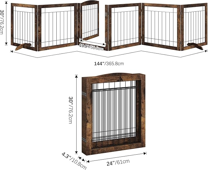 Folding No-Assembly Pet Gate 144" Wide, 30" Tall Wooden Dog Gate with Door Walk Through, Freestanding Wire Pet Gate, Pet Puppy Safety Fence, with 2PCS Support - Rustic Brown