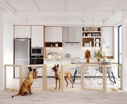 Folding No-Assembly Pet Gate 144" Wide, 30" Tall Wooden Dog Gate with Door Walk Through, Freestanding Wire Pet Gate, Pet Puppy Safety Fence, with 2PCS Support - Natural White