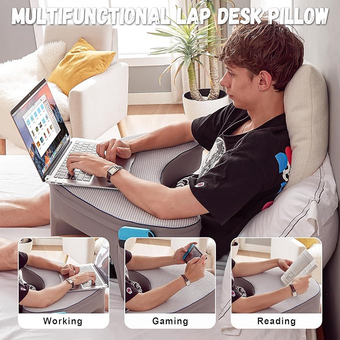 Reading Pillow for Gaming, Lap Desk Pillow for Laptop with Pockets, Gaming Pillow for Lap, Memory Foam Laptop Pillow for Reading, Gaming, Working, Crocheting in Bed Sofa(Grey)