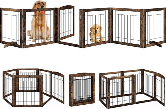 Folding No-Assembly Pet Gate 144" Wide, 30" Tall Wooden Dog Gate with Door Walk Through, Freestanding Wire Pet Gate, Pet Puppy Safety Fence, with 2PCS Support - Rustic Brown