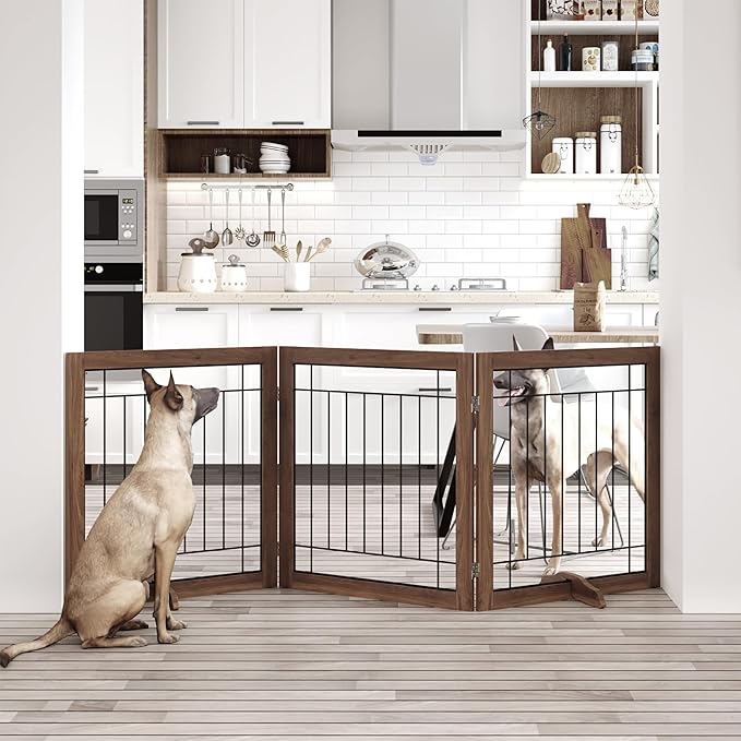 Folding No-Assembly Pet Gate 72" Wide, 30" Tall Wooden Dog Gate, Freestanding Wire Pet Gate, Pet Puppy Safety Fence, with 2PCS Support - Brown