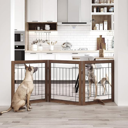 Folding No-Assembly Pet Gate 72" Wide, 30" Tall Wooden Dog Gate, Freestanding Wire Pet Gate, Pet Puppy Safety Fence, with 2PCS Support - Brown