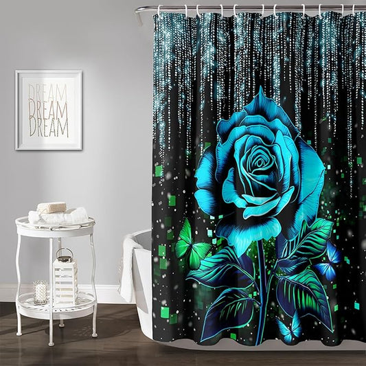 AILONEN Blue Rose Shower Curtain for Bathroom, Glitter Starry Flower Print Bath Curtain,Blue and Black Waterproof Floral Butterfly Shower Curtain Decoration with 12 Plastic Hooks, 60" W*72" H