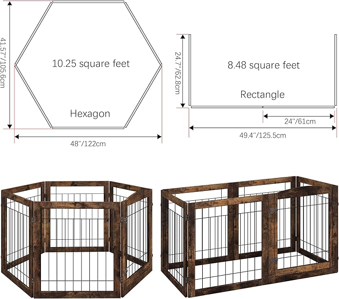 Folding No-Assembly Pet Gate 144" Wide, 30" Tall Wooden Dog Gate with Door Walk Through, Freestanding Wire Pet Gate, Pet Puppy Safety Fence, with 2PCS Support - Rustic Brown