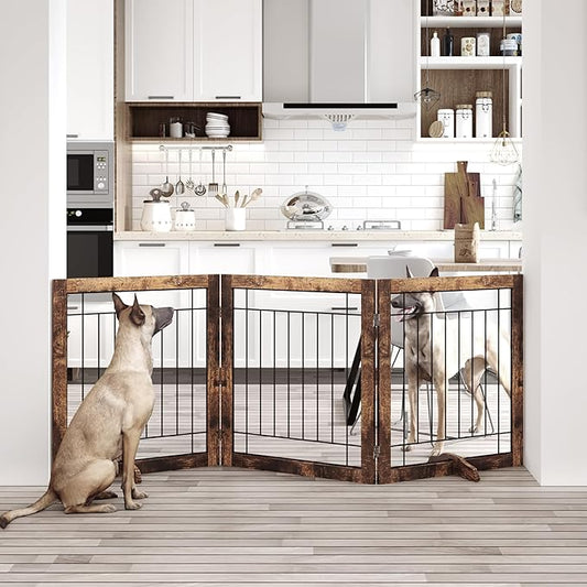 Folding No-Assembly Pet Gate 72" Wide, 30" Tall Wooden Dog Gate, Freestanding Wire Pet Gate, Pet Puppy Safety Fence, with 2PCS Support - Rustic Brown