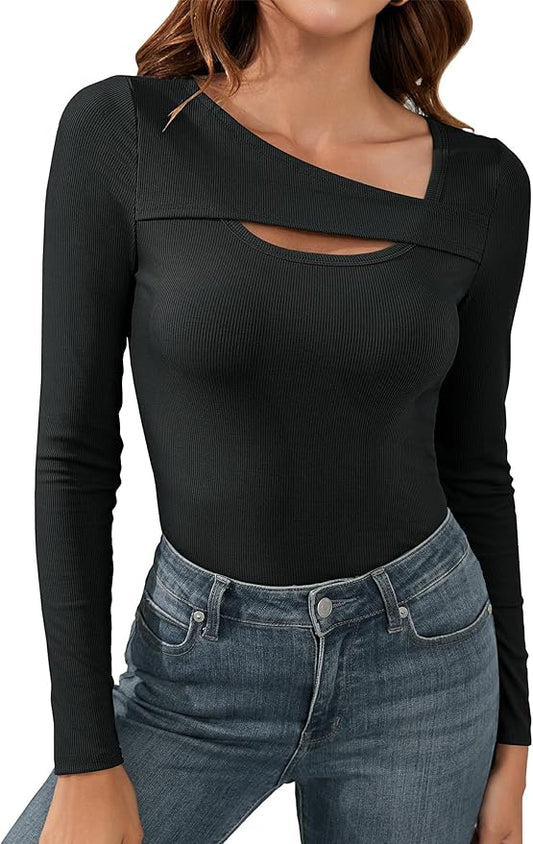 Sherosa Womens Long Sleeve Tops Cutout Ribbed Knit Shirts Trendy Casual Slim Fitted T-Shirt Fall Tees Y2K