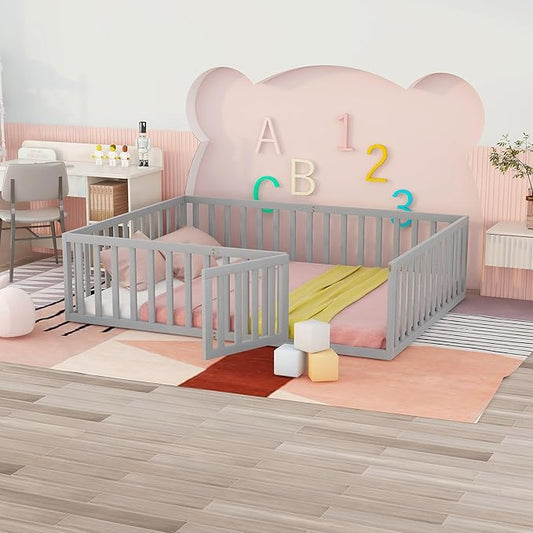 Queen Size Floor Bedframe with Door and Safety Guardrails Fence, Solid Wooden Toddler Montessori Platform Bed for Children Bedroom, Boys Girls, Kids Playroom