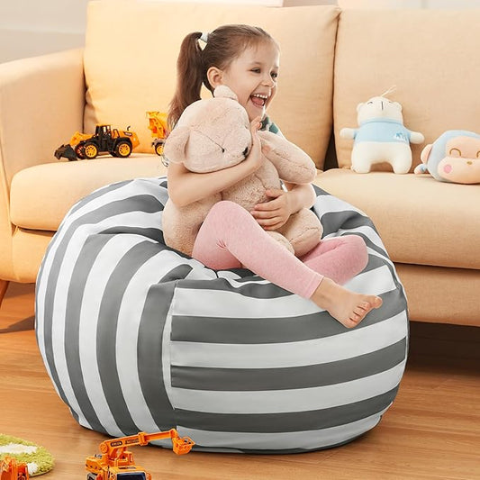 EXQ Home Kids Bean Bag Chairs Cover (No Filler) -Stuffed Animal Bean Bag Storage Grey and White Stripes-Zipper Bean Bag for Organizing Children Plush Toys Holiday Gift for Girl,Boys