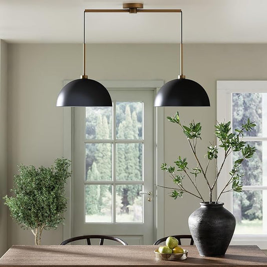 Nathan James Percy Modern 2-Light Pendant Island Light Fixture, Hanging Lights with Metal Shade and Adjustable Cord, for Kitchen, Living Room, Black/Vintage Brass