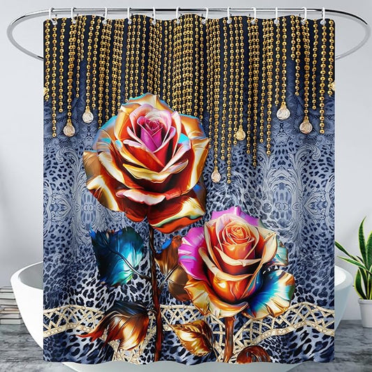 AILONEN Gold Rose Shower Curtain for Bathroom- Romantic Floral Shower Curtain -Polyester Fabric Waterproof Decoration- Plants Blue Black Leopard Flowers Bath Shower Curtains Washable, 72" W x 84" H