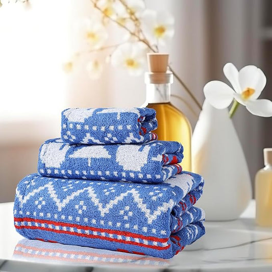 Luxury Blue Christmas Snowman Bath Towel Sets for Boy Girl Gift , 1 Bath Towels 1 Hand Towels 1 Washcloths 100% Cotton Ultra Soft Fluffy Highly Absorbent Double Sided Pattern Towel for Face Body