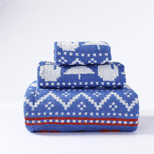 Luxury Blue Christmas Snowman Bath Towel Sets for Boy Girl Gift , 1 Bath Towels 1 Hand Towels 1 Washcloths 100% Cotton Ultra Soft Fluffy Highly Absorbent Double Sided Pattern Towel for Face Body