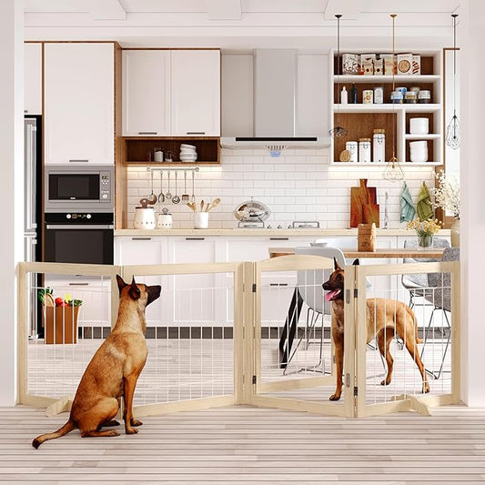 Folding No-Assembly Pet Gate 96" Wide, 30" Tall Wooden Dog Gate with Door Walk Through, Freestanding Wire Pet Gate, Pet Puppy Safety Fence, with 2PCS Support - Natural White
