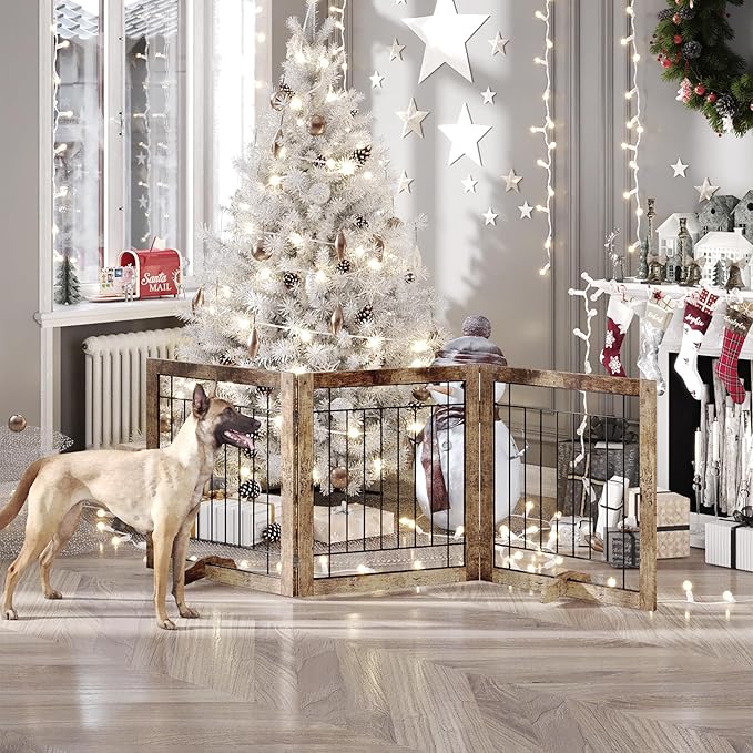 Folding No-Assembly Pet Gate 72" Wide, 30" Tall Wooden Dog Gate, Freestanding Wire Pet Gate, Pet Puppy Safety Fence, with 2PCS Support - Rustic Brown