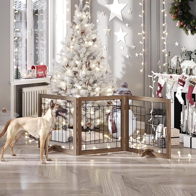 Folding No-Assembly Pet Gate 72" Wide, 30" Tall Wooden Dog Gate, Freestanding Wire Pet Gate, Pet Puppy Safety Fence, with 2PCS Support - Brown