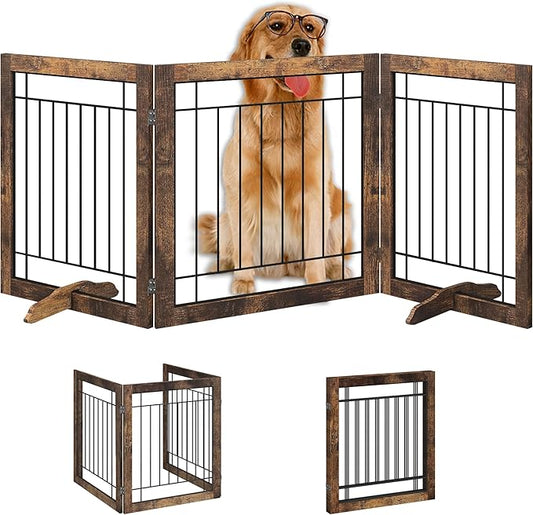 Folding No-Assembly Pet Gate 72" Wide, 30" Tall Wooden Dog Gate, Freestanding Wire Pet Gate, Pet Puppy Safety Fence, with 2PCS Support - Rustic Brown