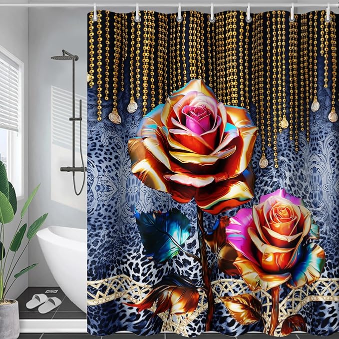 AILONEN Gold Rose Shower Curtain for Bathroom- Romantic Floral Shower Curtain -Polyester Fabric Waterproof Decoration- Plants Blue Black Leopard Flowers Bath Shower Curtains Washable, 72" W x 84" H