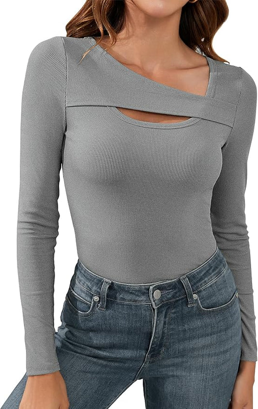 Sherosa Womens Long Sleeve Tops Cutout Ribbed Knit Shirts Trendy Casual Slim Fitted T-Shirt Fall Tees Y2K